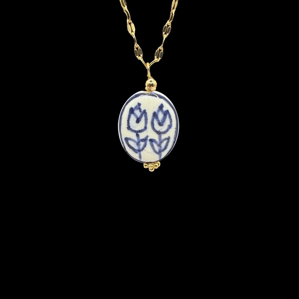 Blue and White Floral Ceramic Pendant on Stainless Steel Necklace - Picture 12 of 13